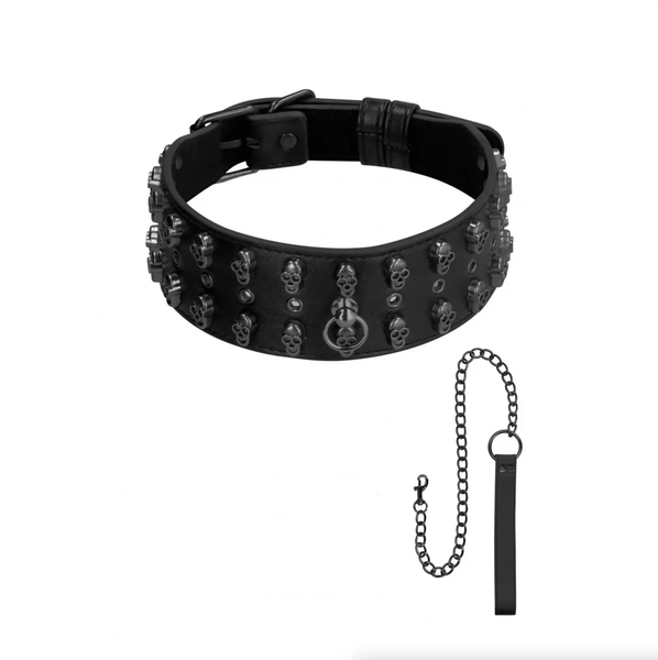 Biker skull collar with leash